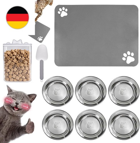 6 Stück Katzennäpfe Edelstahl,14Cm Futternapf,60X40Cm Napfunterlage